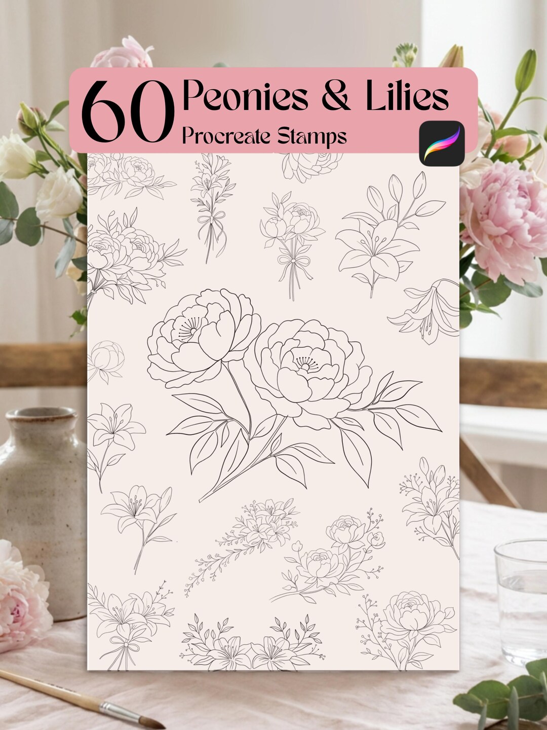 60 Peonies & Lilies iPad Procreate Stamps, Fine Line Botanical Brushes ...