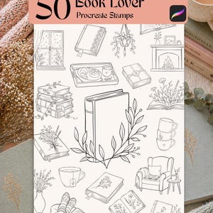 May include: A set of 50 "Book Lover" Procreate stamps, showcasing line art illustrations of books, teacups, a fireplace, and other reading-themed items. The design is in black and white, set against a neutral background.