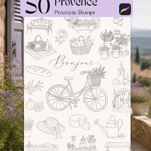 May include: A digital art print featuring 50 Provence Procreate Stamps. The design includes line drawings of a bicycle, a picnic basket, a hat, a loaf of bread, and the word "Bonjour". The color palette is black and white.