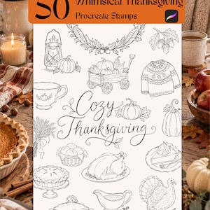 Op de afbeelding: Een digitale collectie van 50 Procreate-stempels met zwart-witte lijntekeningen van Thanksgiving-thema's, waaronder pompoenen, een kalkoen, een wagen, een trui, een taart, een juskom en de tekst 50 Whimsical Thanksgiving Procreate Stamps.