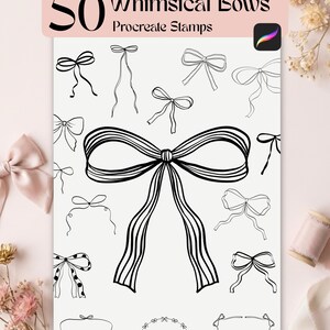 May include: A digital art print showcasing 50 whimsical bow designs in black line art on a white backdrop. The text "50 Whimsical Bows Procreate Stamps" is displayed. A Procreate app icon is in the upper right corner.