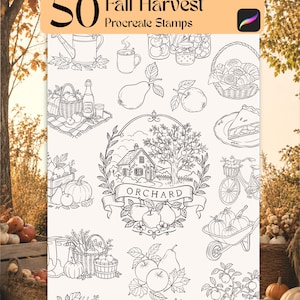 May include: A digital collection of 50 Fall Harvest Procreate stamps featuring black and white line art illustrations of autumn themes including a cottage, orchard, pumpkins, apples, pears, a bicycle, a wheelbarrow, and various harvest baskets.
