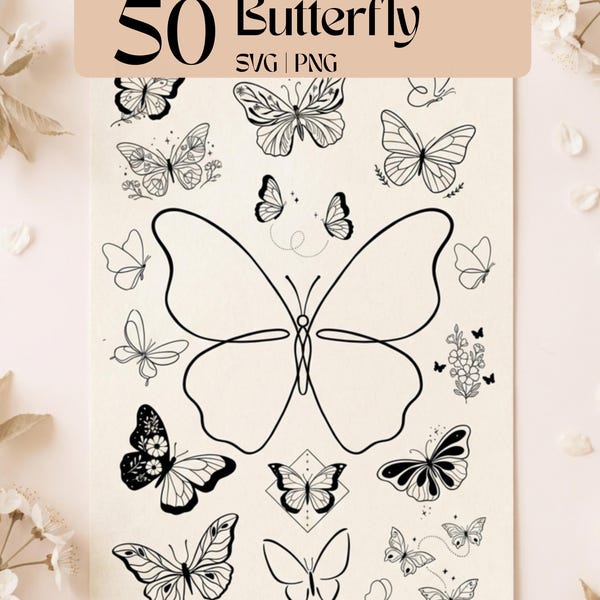 Pacchetto di 50 farfalle SVG e PNG, disegni floreali di farfalle