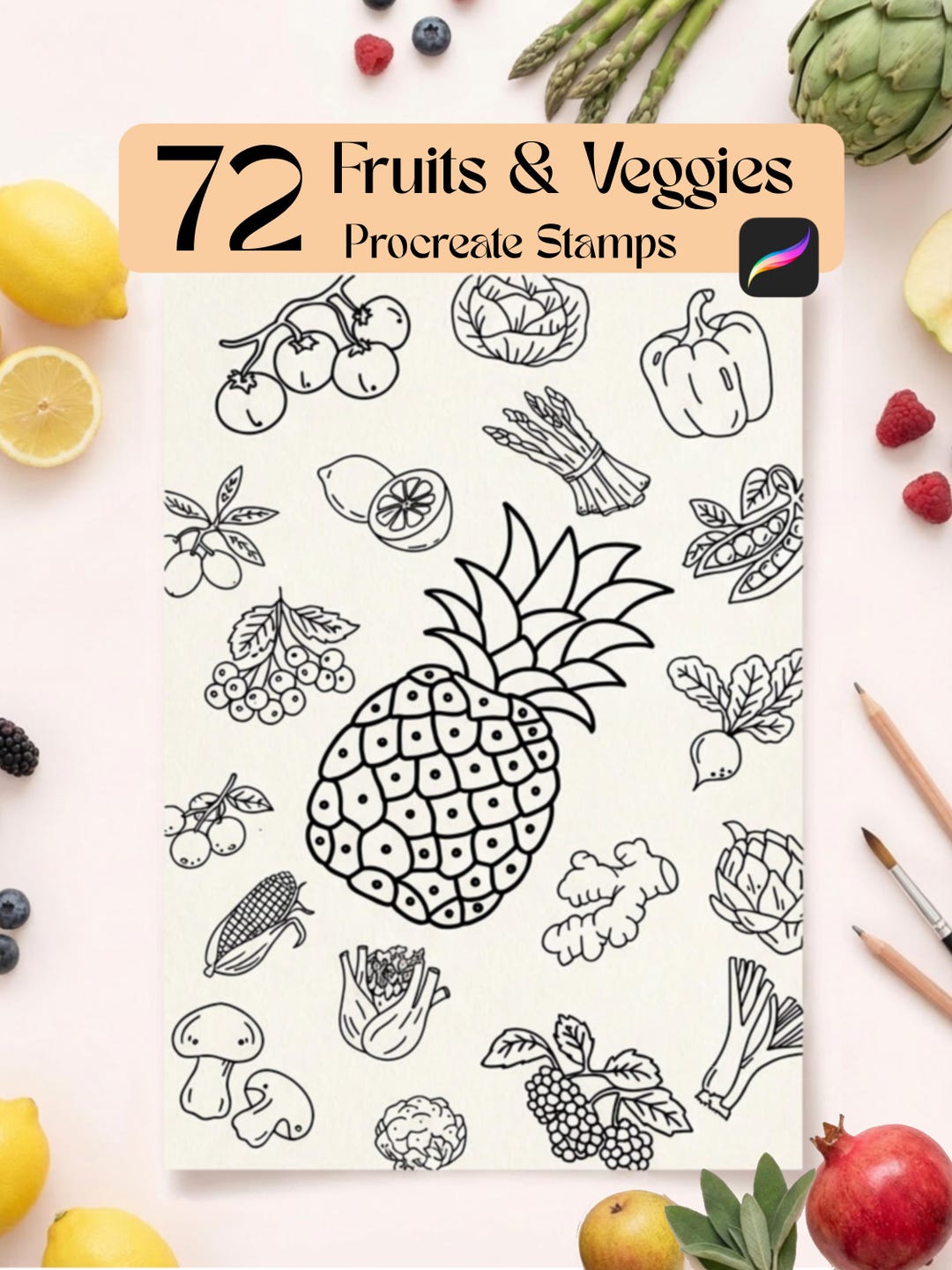72 Fruits & Veggies Procreate Stamps, Easy-to-use Line Art Procreate ...