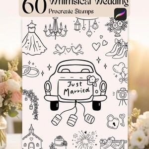 風変わりな結婚式をテーマにしたiPad Procreate用スタンプ60種類、ロマンチックな手描き線画ブラシ（デジタルダウンロード）