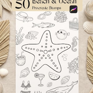 May include: A digital art print featuring 50 beach and ocean-themed Procreate stamps. The black and white illustrations include a starfish, seashells, fish, a seahorse, a bikini, and a cocktail. The title "Beach & Ocean" is displayed at the top.