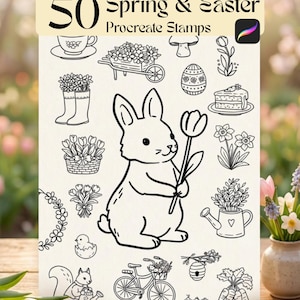50 Spring & Easter Procreate Stamps, Minimal Line Art Brushes (Digital Download)
