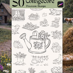 Könnte beinhalten: Schwarz-Weiß-Illustrationen im Cottagecore-Stil, darunter eine Gießkanne, ein Schaf und ein Garnkorb. Der Text "50 Cottagecore Procreate Stamps" ist ebenfalls enthalten.