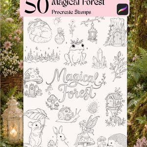 Puede incluir: Una colección digital de 50 sellos Procreate Magical Forest con ilustraciones de líneas en blanco y negro de un zorro, rana, caracol, ratón, conejo, erizo, hada, setas, cristales, una linterna y una casa en el árbol con el texto Magical Forest.