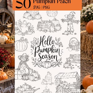 Puede incluir: Una colección digital de 50 ilustraciones de líneas en blanco y negro que muestran calabazas, espantapájaros, cajas de manzanas, una carretilla y una jarra de sidra. El texto central dice Hello Pumpkin Season.