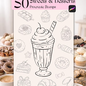 50 sellos de dulces y postres para Procreate, pinceles de arte lineal de panadería dibujados a mano (descarga digital)