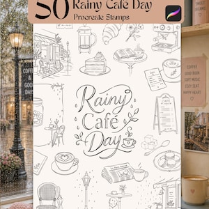 Regnerischer Kaffee Tag iPad Procreate Briefmarken, gemütlicher Kaffee Line Art Pinsel (Digitaler Download)