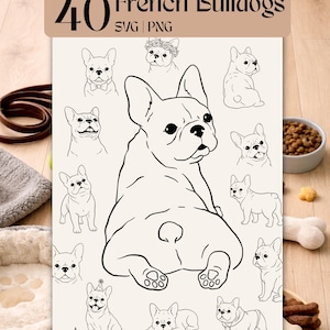 Könnte beinhalten: Beige Grafik mit 40 Illustrationen von Französischen Bulldoggen in schwarzer Strichzeichnung. Das Bild zeigt verschiedene Posen der Hunde sowie den Text "40 French Bulldogs SVG | PNG" in einem braunen Banner. Hundebett, Leckerlis und eine Leine sind ebenfalls zu sehen.