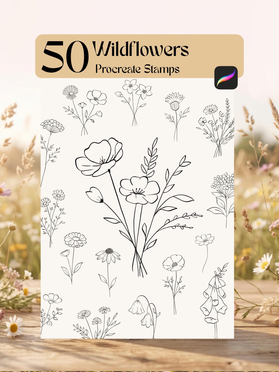 50 Wildflower Procreate Stamps, Fine Line Botanical Brushes, Elegant ...