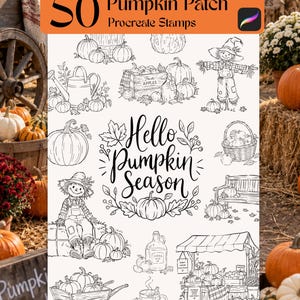 Può includere: Una collezione digitale di 50 timbri Procreate Pumpkin Patch con illustrazioni a linee bianche e nere di zucche, spaventapasseri, una carriola, una brocca di sidro, una tazza e una bancarella, con il testo Hello Pumpkin Season al centro.