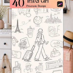 Könnte beinhalten: Eine digitale Sammlung von 40 Travel Girl Procreate-Stempeln mit schwarzen Strichzeichnungen von reisebezogenen Symbolen, darunter ein Globus, der Eiffelturm, ein Reisepass, ein Koffer, eine Bordkarte und eine Person, die mit Gepäck geht.