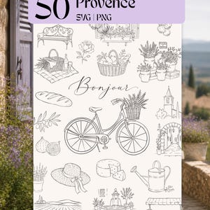 Könnte beinhalten: Eine digitale Illustration mit 50 Provence-Themen-SVG- und PNG-Grafiken. Das Design umfasst ein Fahrrad mit Korb, einen Strohhut, einen Käselaib und das Wort "Bonjour". Die Farbpalette ist Schwarz und Weiß.