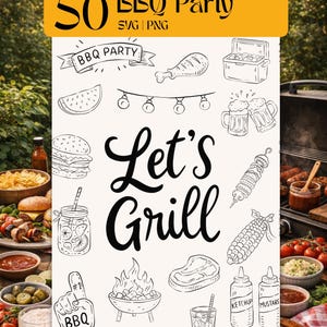 50 BBQ SVG PNG Bundle, Hand Drawn Barbecue Grill Tailgate Line Art Clipart Elements