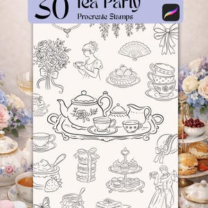 Puede incluir: Un conjunto de 30 sellos de Procreate con temática de fiesta de té en blanco y negro. Las ilustraciones incluyen una tetera, tazas, postres y una pareja bailando. El texto "30 Tea Party Procreate Stamps" está en la parte superior.