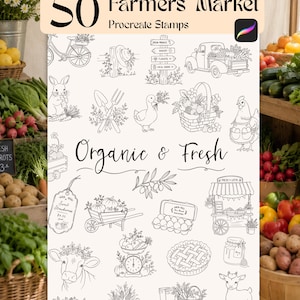 Może przedstawiać: Cyfrowa kolekcja 50 stempli Procreate Farmers' Market zawierająca czarne rysunki liniowe zwierząt gospodarskich, produktów rolnych, roweru, ciężarówki, straganu, ciasta i narzędzi ogrodniczych, z tekstem 50 Farmers' Market oraz Organic & Fresh.