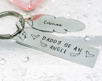 Daddy of an Angel, Baby Loss Feather Keyring, Personalised Gift for Bereaved Father's Day, Miscarriage or Stillbirth