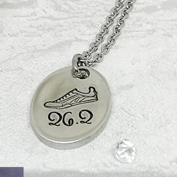 Running Shoe Necklace 26.2 DISTANCE of YOUR CHOICE Marathon Pendant  Hand-stamped Pewter marathon runner  For Mum Training Partner Run Buddy