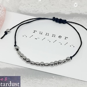 RUNNER MORSE CODE Bracelet Stainless Steel Beads, Adjustable Sliding Knot to fit any size, Wish Bracelet Running Gift Macrame Marathon