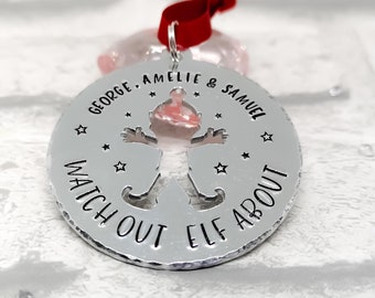 Watch Out Elf About Personalised Santa's Helpers Gift Christmas Tree Custom DECORATION Xmas hand stamped Fun Gift Naughty Elf Christmas Eve