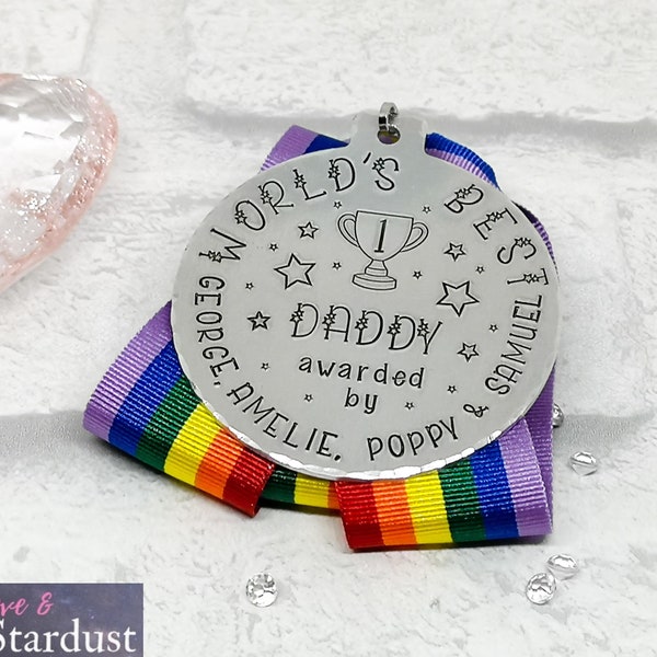 World's Best DADDY Medal for Father's Day Grandad Uncle Rainbow Ribbon Hand Stamped