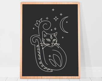 Dorm decor Boho Black cat art print poster Wall Witchy Above the Bed Cat Line Drawing Cat Wall Art Poster Cat and Moon Print Bedroom art