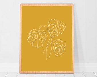 Downloadable prints Monstera Leaf Flower market print Botanical Line Art Mustard Yellow Leaves Boho Wall Decor dorm Tropical minimalist