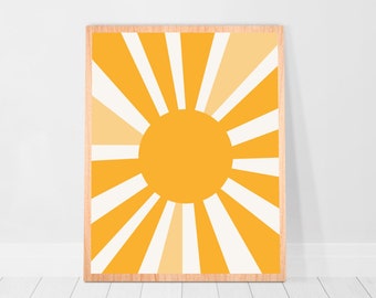 Poster con stampa del sole giallo anni '70, decorazione per dormitorio, arte murale a raggiera, stampa artistica da parete boho retrò con sole, illustrazione del sole in stile moderno di metà secolo, decorazione con sole per la cameretta dei bambini.