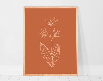 College Dorm decor Flower one line art print Earth tones Botanical Drawing Poster Terracotta abstract line art Wall Art Boho Wall Decor 8x10