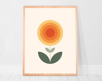 Sage green Retro 70s wall decor Flower Art Print Poster Dorm decor Style Mid Century Modern Retro Print Abstract Retro Wall Art Orange 8x10