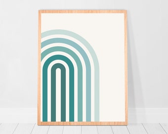 Turkusowa abstrakcyjna sztuka ścienna w stylu retro, wystrój akademika, tęczowe geometryczne nadruki z połowy wieku, bloki kolorystyczne, ściana dla dzieci w stylu boho, plakat, dekoracja łazienki w kolorze turkusowym, 8x10