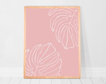Monstera Leaf Print dorm decor Blush Pink Wall Art Light Pastel palm leaf wall art tropical leaf print girly room Boho Wall Decor poster A2