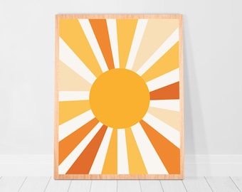 Stampa sole giallo Decorazione dormitorio Poster sole retrò Arte boho per la cameretta Arte murale sole Illustrazione moderna di metà secolo Stampa sole 8x10