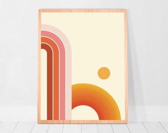 Retro Decor wall Art Rainbow 70s Sun Poster Sunset Print 70's Retro Rainbow Print poster Gradient Retro Boho Sunset 1970s wall art geometric