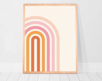 Retro Rainbow Print Boho Rainbow Wall Art 70s Poster dorm decor pink Mid Century Modern Warm Tones Retro Kids Abstract Rainbow decor 8x10