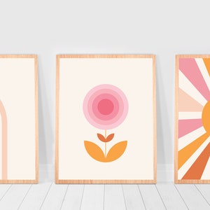 Blush pink gallery Wall Set Coquette room decor Retro wall art set Sun Nursery Print Rainbow 3 piece Set of 3 70s Retro Flower Boho Prints