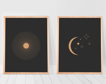 Dorm decor edgy boho print set of 2 sun and moon prints Bedroom Art boho gallery wall set Black Gold Celestial Print Set of 2 Posters 8x10