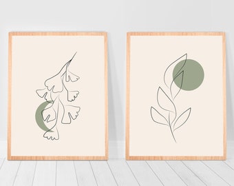 Boho headboard wall art Sage green print Set of 2 Dorm decor botanical line art of two prints sun and moon prints Above Bed Gallery Wall