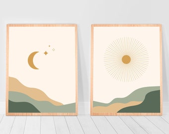 Boho Sage Green Decor above bed Gallery Wall Set Sun and Moon Art 2 piece wall art Print diy home Set Abstract Print Set of 2 Bundle 8x10