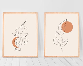 Minimal Modern farmhouse Botanical Print Set of 2 Line Art Wall Decor Leaf Leaves decor bedroom Gallery Wall Set Floral boho Sun and Moon