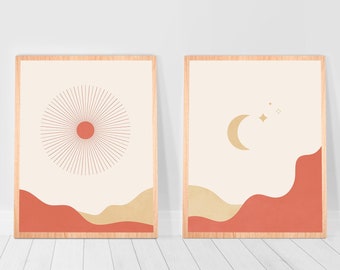 Boho headboard wall art Gallery Wall Sun Moon Print Set of 2 Bedroom Poster Teracotta Dorm decor Wall Art Prints Set Warm Tone Abstract