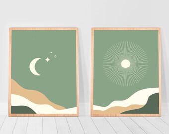 Sage green wall art Headboard 2 piece wall art  Print Set of 2 Boho sun moon print set Gallery Wall Set and Art Print Abstract Dorm decor