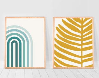 Zestaw abstrakcyjnych grafik ściennych w kolorze turkusowym, musztardowo-żółtym, geometrycznych nadruków, zestaw 2 sztuk, blok kolorów na ścianę galerii, plakat w stylu retro, tęczowy, boho, słońce, akademik