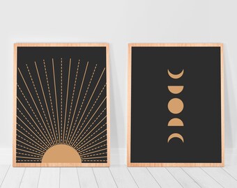 Western gothic Black gold sun and moon poster wall art Print Set of 2 Gallery Wall Set Boho Sun Art set of two posters above bed dorm decor