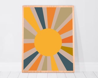 Dekoracja akademika, wydruk Sunburst, plakat w stylu retro boho, sztuka ścienna, wystrój pokoju w stylu preppy, wydruki indie, dekoracje do pokoju dziecięcego z lat 70., 8x10