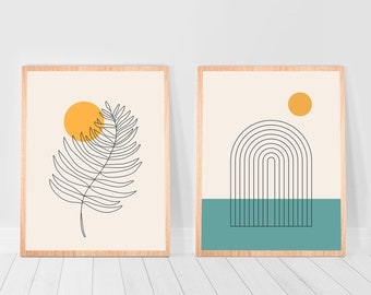 Zestaw abstrakcyjnych, turkusowych, 2-częściowych grafik ściennych w stylu bauhaus, galeria wydruków ściennych w 2 blokach kolorów, retro, tęczowy plakat w stylu boho, słońce, dekoracja akademika